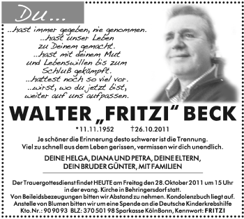 Traueranzeige von Walter Beck von Pegnitz-Zeitung